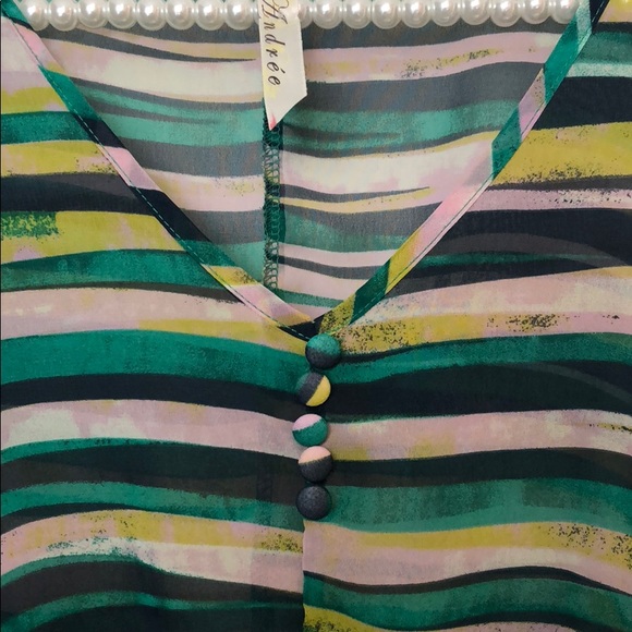 Francesca’s Cold Shoulder Green Stripe Blouse Top - Picture 2 of 4